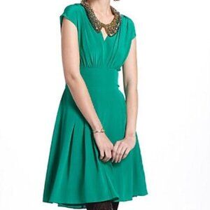 LIL / DIL Anthropologie 100% Silk V-Neck Tie Back Dress Kelly Green Sz XS Flawed